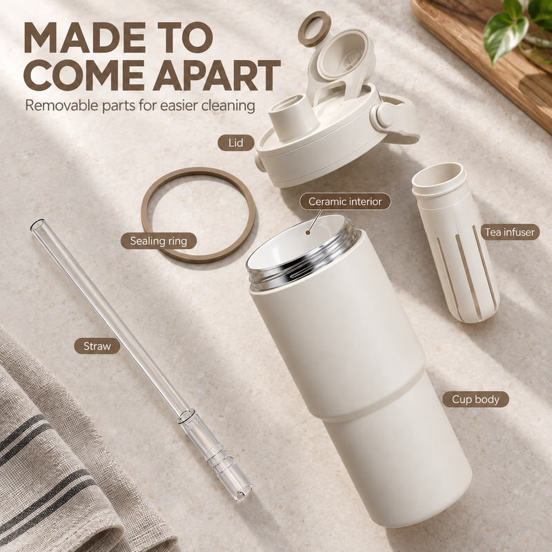 Ceramic-Lined Insulated Tumbler – 735ml (25oz), Carry Handle & Straw - Produktbild