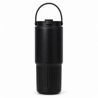Black 750ml insulated tumbler with dual-drink lid and raised carry handle on a white background