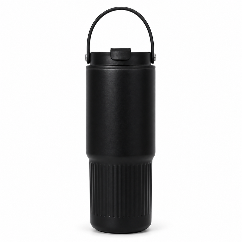 Black 750ml insulated tumbler with dual-drink lid and raised carry handle on a white background