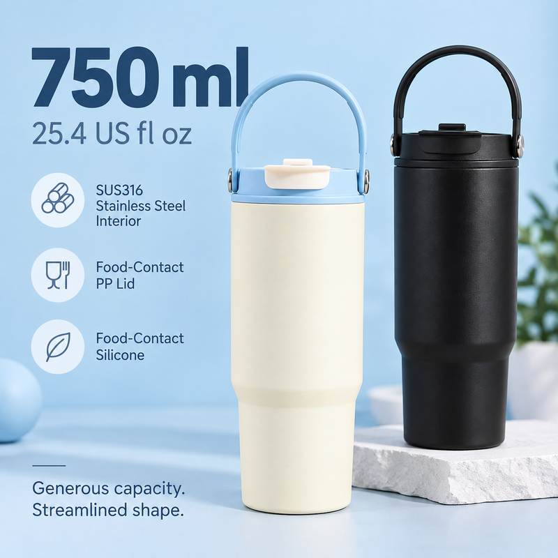 750ml tumbler capacity and materials: SUS316 stainless steel, polypropylene and silicone