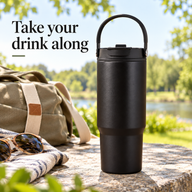 Black 750ml stainless steel tumbler with carry handle on an outdoor picnic table