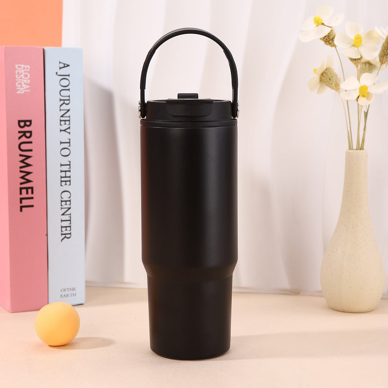 Black Yozcoffee 750ml tumbler with folding carry handle and closed dual-drink lid