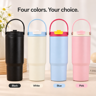 Yozcoffee tumbler color guide showing black, ivory white, light blue and pastel pink