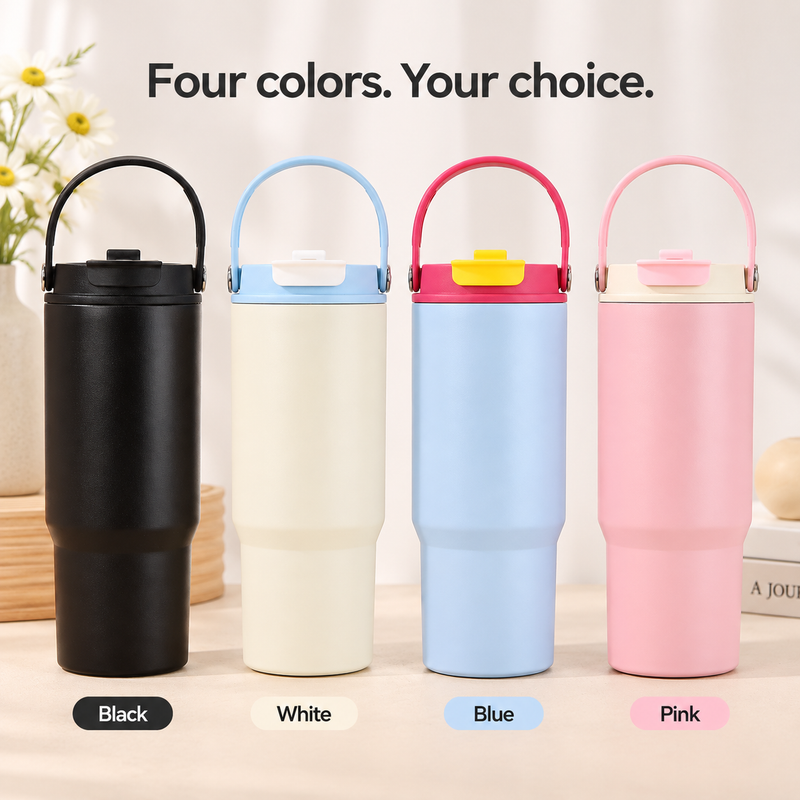 Yozcoffee tumbler color guide showing black, ivory white, light blue and pastel pink