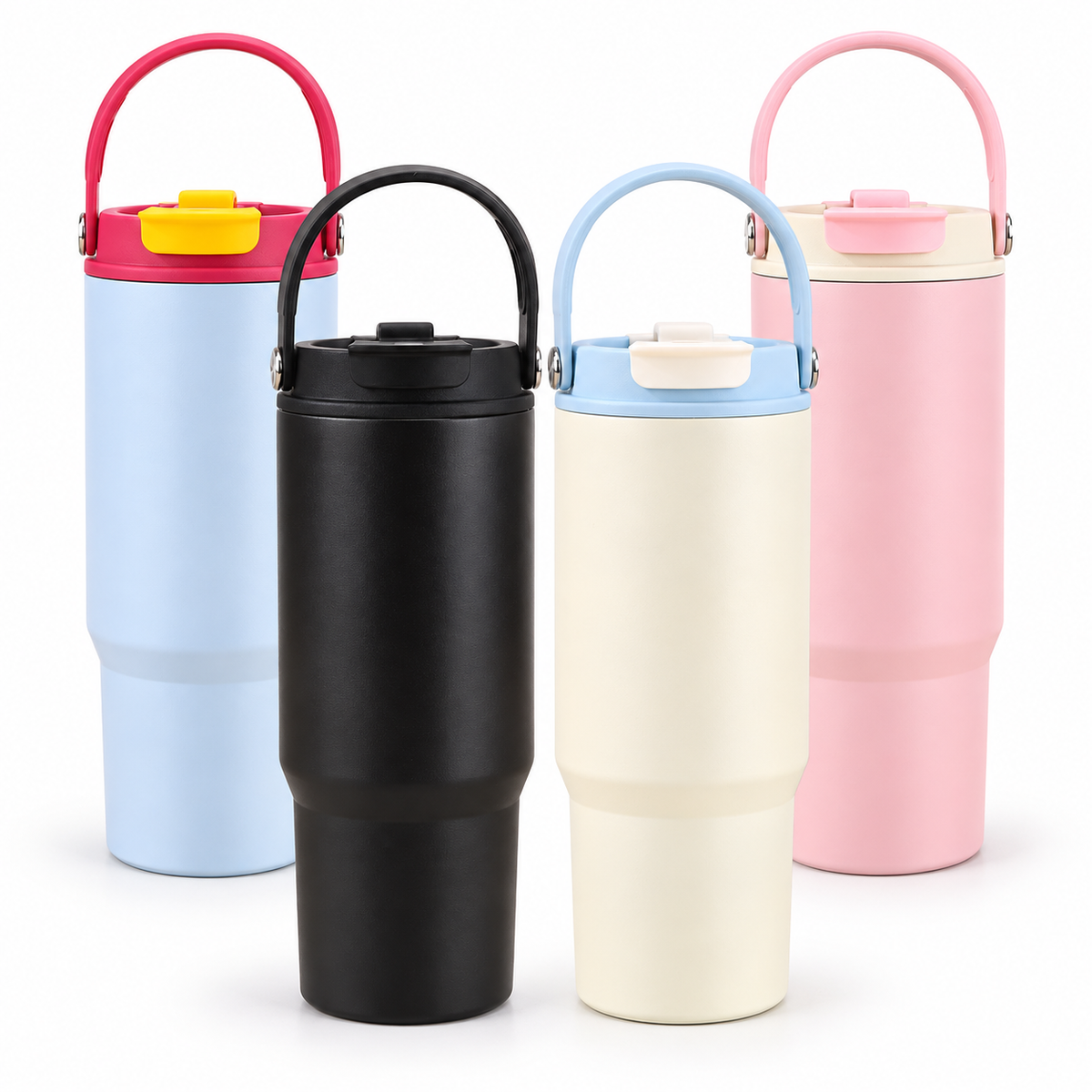 Yozcoffee 750ml stainless steel tumblers in black, white, blue and pink with folding carry handles