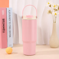 Pink Yozcoffee 750ml tumbler with folding carry handle and closed dual-drink lid
