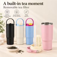 Pink tumbler with detached lid, slotted removable tea filter and drinking straw