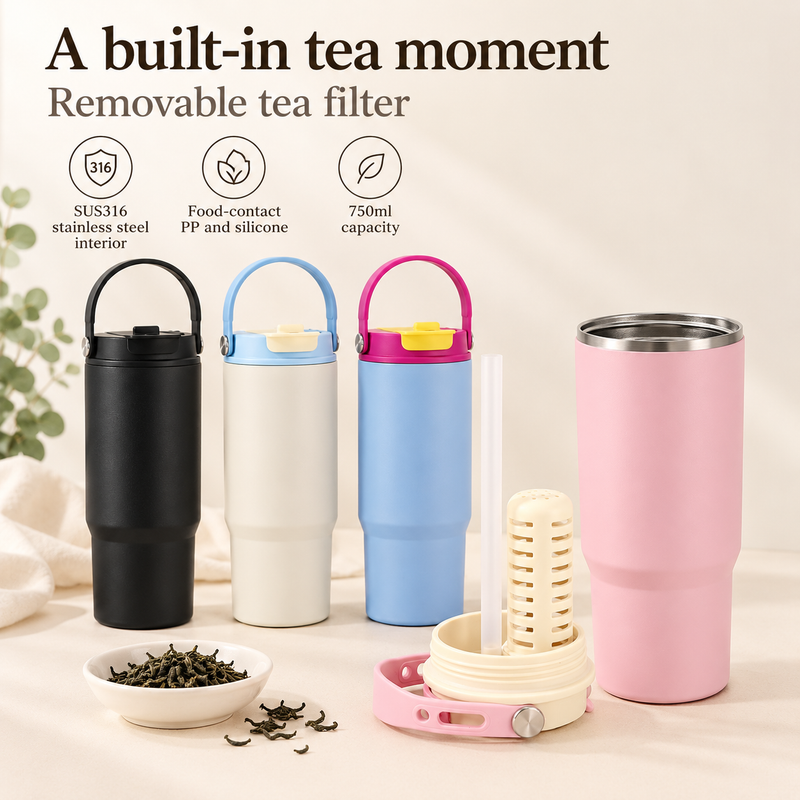 Pink tumbler with detached lid, slotted removable tea filter and drinking straw
