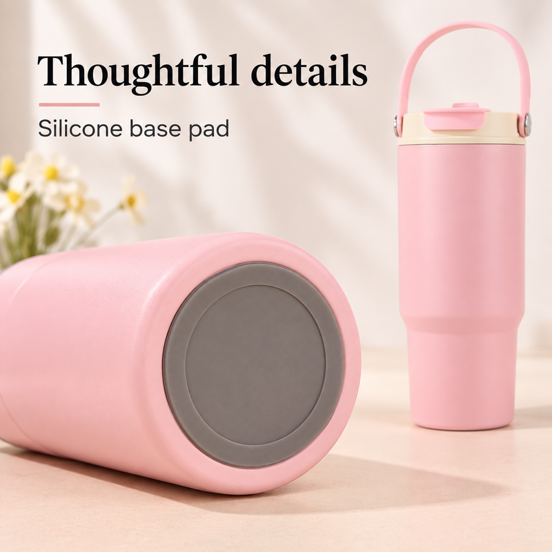 Close-up of the gray silicone base pad on the pink stainless steel tumbler