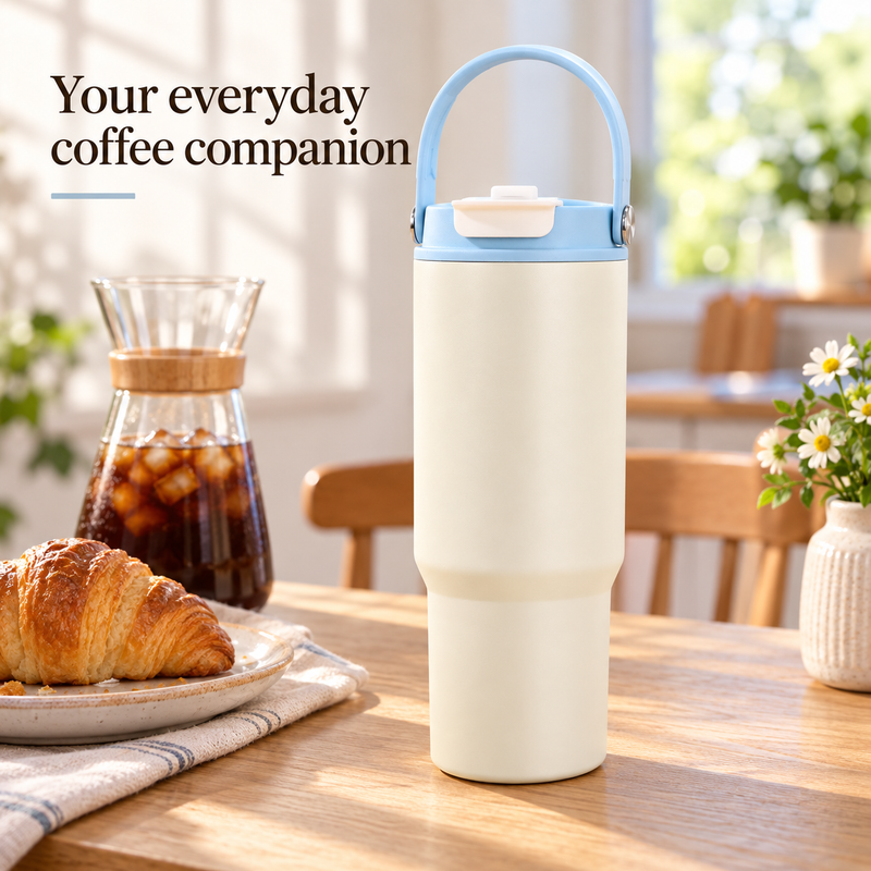 Ivory 750ml tumbler with pale-blue handle beside iced coffee on a breakfast table