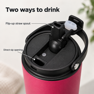Close-up of the flip-up straw spout and separate direct-sip opening on the tumbler lid