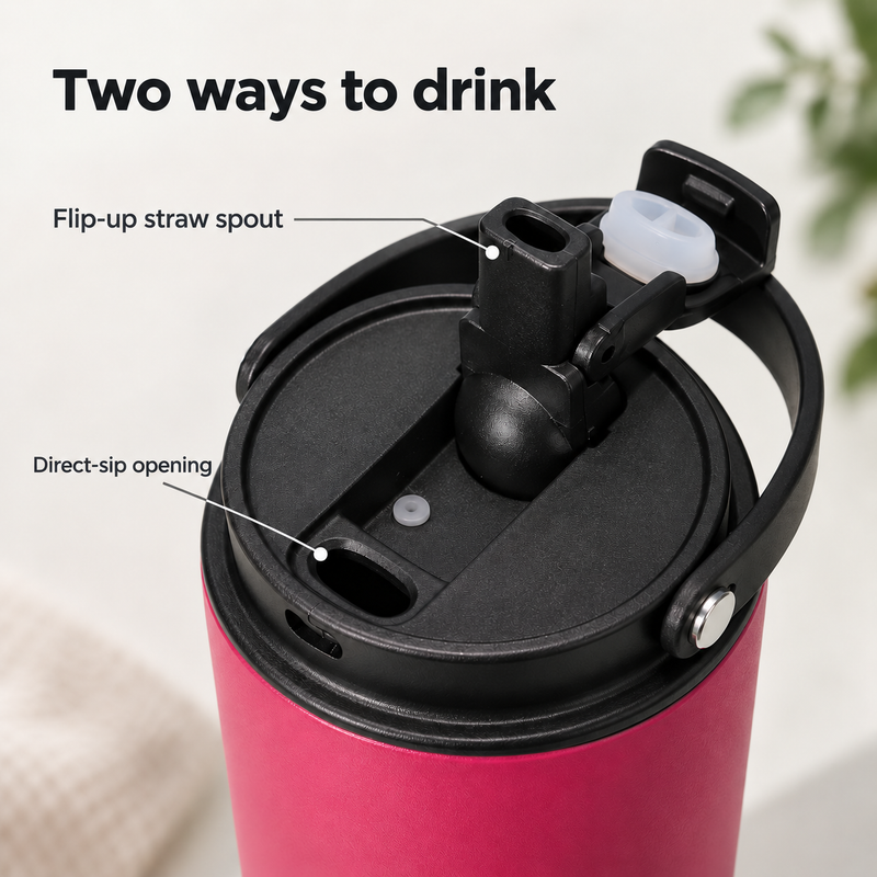 Close-up of the flip-up straw spout and separate direct-sip opening on the tumbler lid