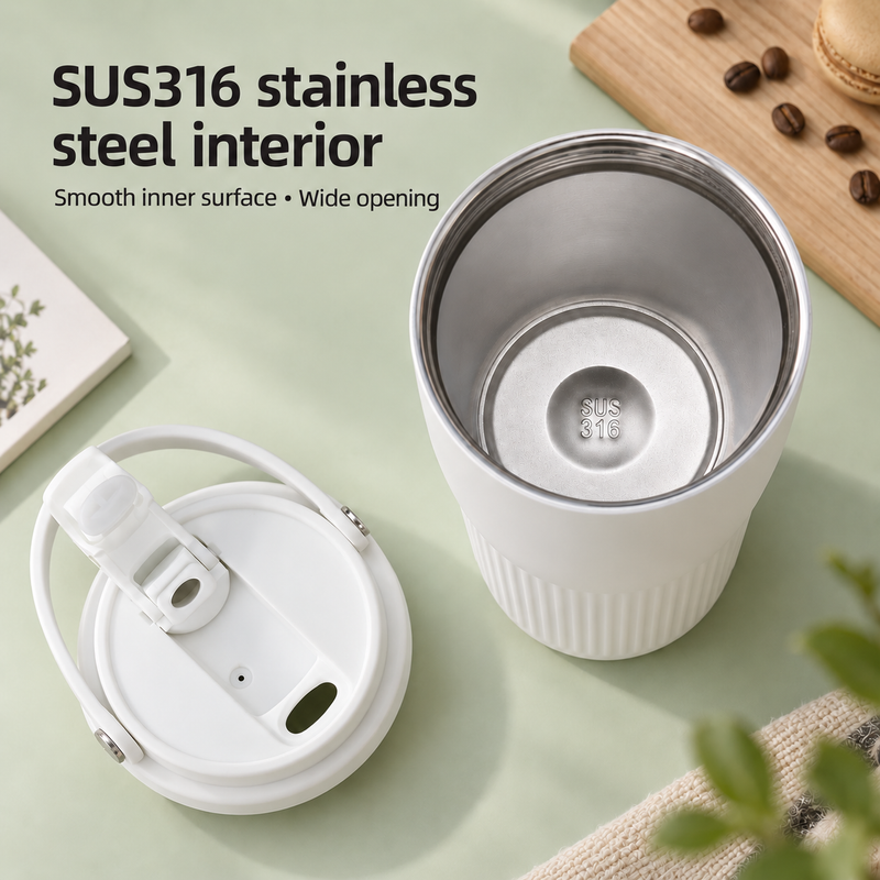 Open white tumbler showing the SUS316 stainless steel interior and detached lid