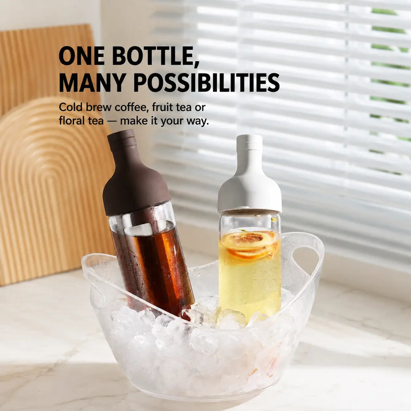 Brown and white Yozcoffee 800ml glass infuser bottles for coffee and fruit tea