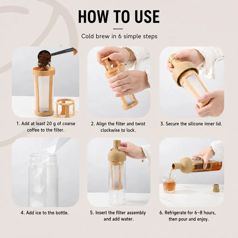Six steps for making cold brew coffee with the Yozcoffee 800ml infuser bottle