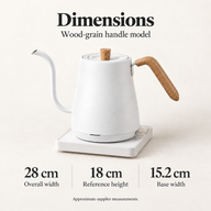 Yozcoffee 800ml gooseneck kettle dimensions: about 28 cm wide, 18 cm tall, 15.2 cm base