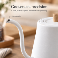 Close-up of the slim curved spout on the Yozcoffee white gooseneck kettle