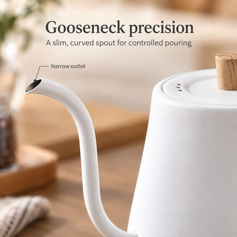 Close-up of the slim curved spout on the Yozcoffee white gooseneck kettle