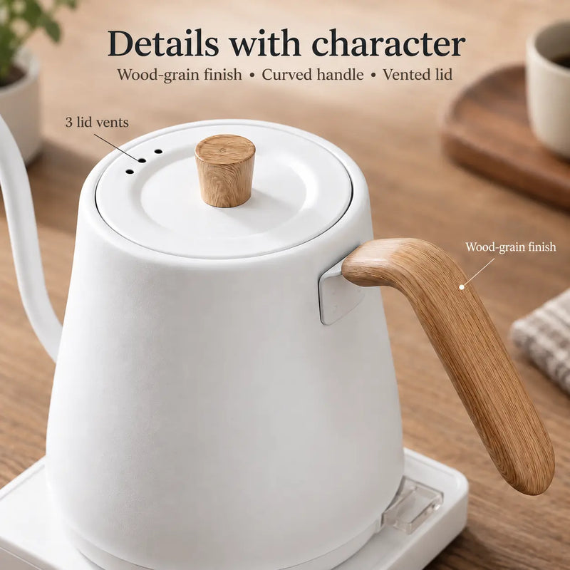 Wood-grain curved handle, cylindrical lid knob and three vents on the white kettle