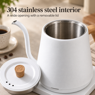 Open white gooseneck kettle showing its 304 stainless steel interior and removable lid