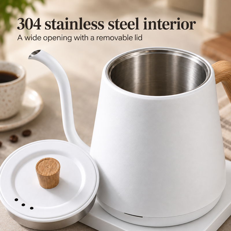 Open white gooseneck kettle showing its 304 stainless steel interior and removable lid