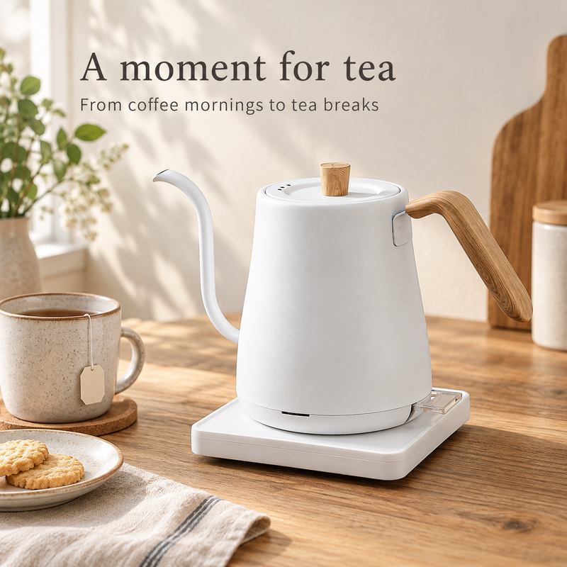 White 800ml electric gooseneck kettle and a mug of tea on a kitchen counter
