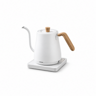 White Yozcoffee 800ml electric gooseneck kettle with wood-grain handle and matching base