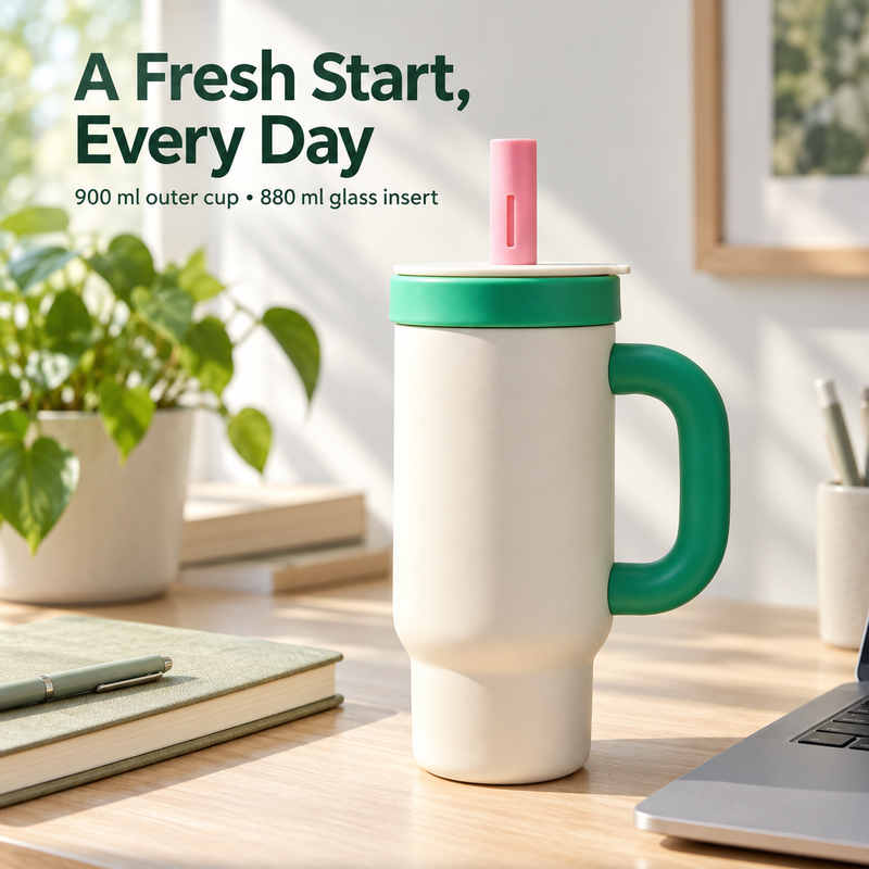 Insulated Straw Tumbler – 900ml, Removable Glass Insert - immagine del prodotto