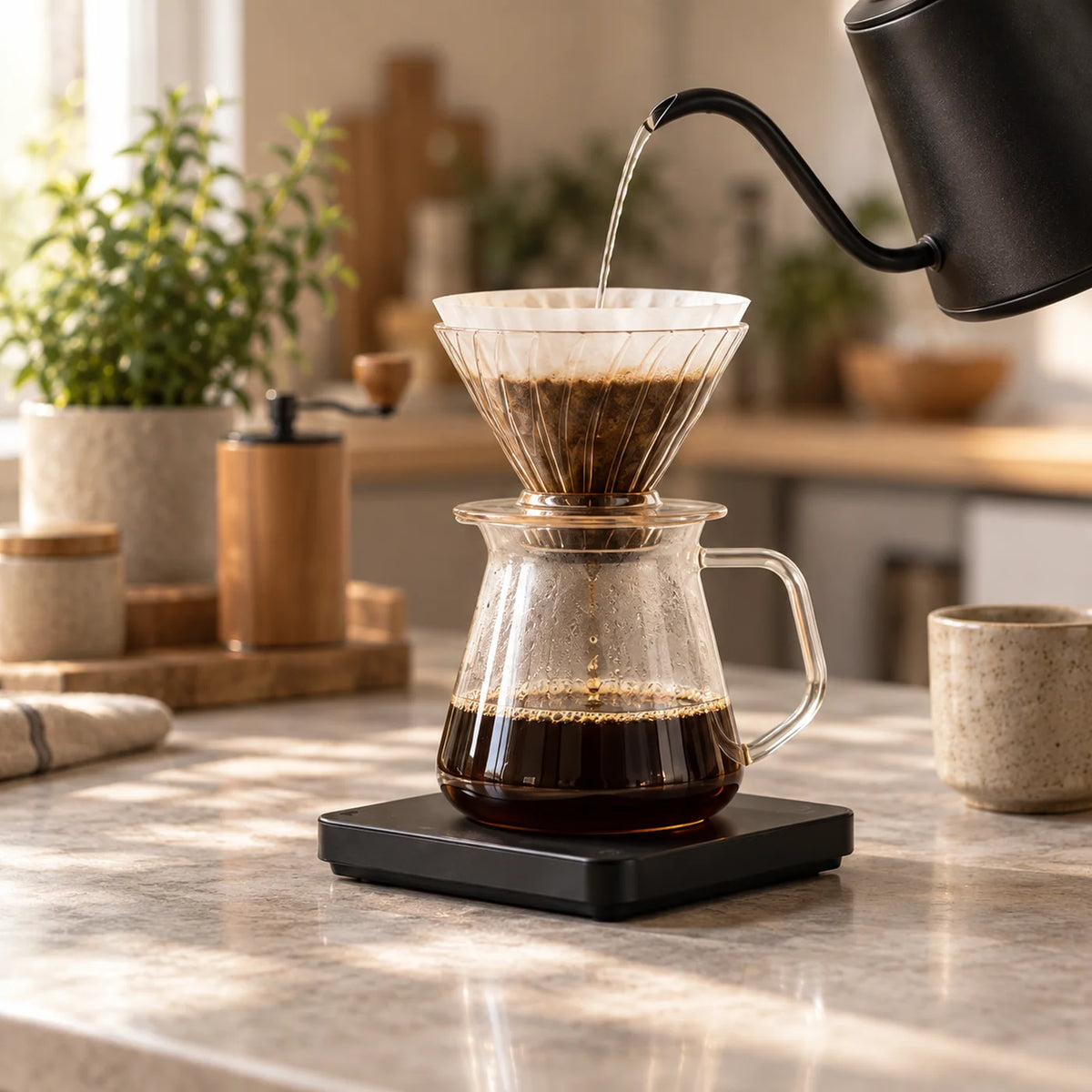 Pour-over coffee brewing into a glass server on a coffee scale