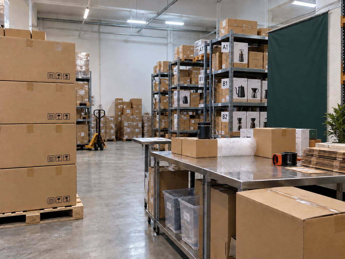 Coffee equipment, plain cartons and a packing workbench