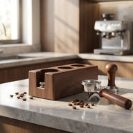Espresso Tamper Stand 51-58mm ABS Wood Grain Organizer: in a lifestyle coffee setup kitchen