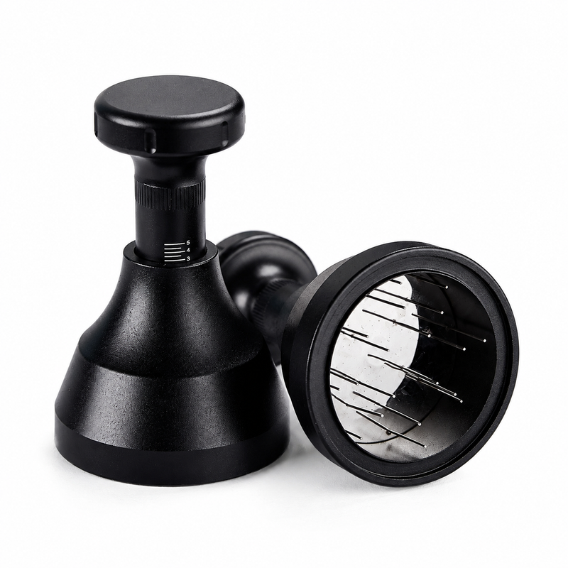 Yozcoffee adjustable needle espresso WDT distributor showing the black body and needle base