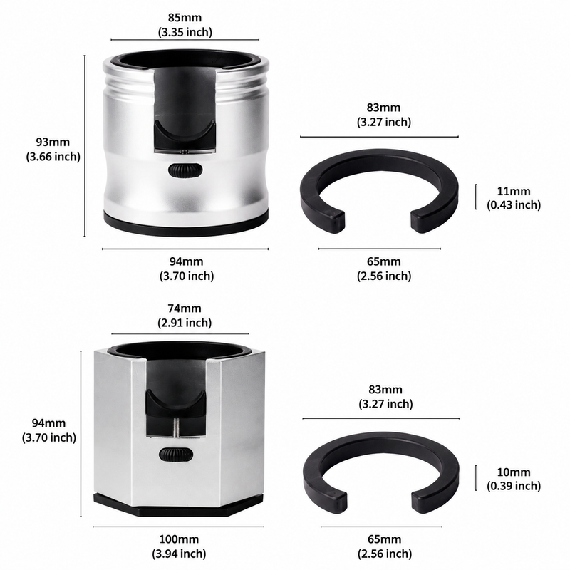 Dimension guide for the Yozcoffee adjustable espresso portafilter tamping stand and support rings