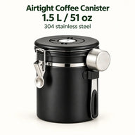 Recipiente hermético negro para café de 1,5 litros con selector de fecha y cuchara incluida
