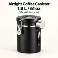 Recipiente hermético negro para café de 1,8 litros con selector de fecha y cuchara incluida