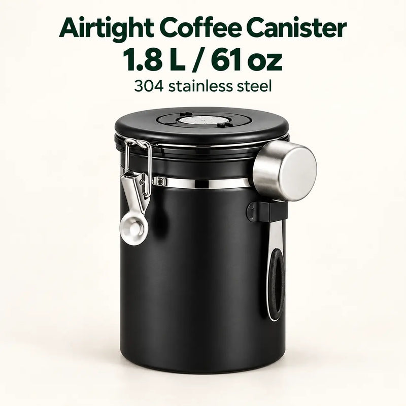 Recipiente hermético negro para café de 1,8 litros con selector de fecha y cuchara incluida