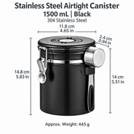 1500 mL black stainless steel airtight coffee canister dimensions in centimeters and inches