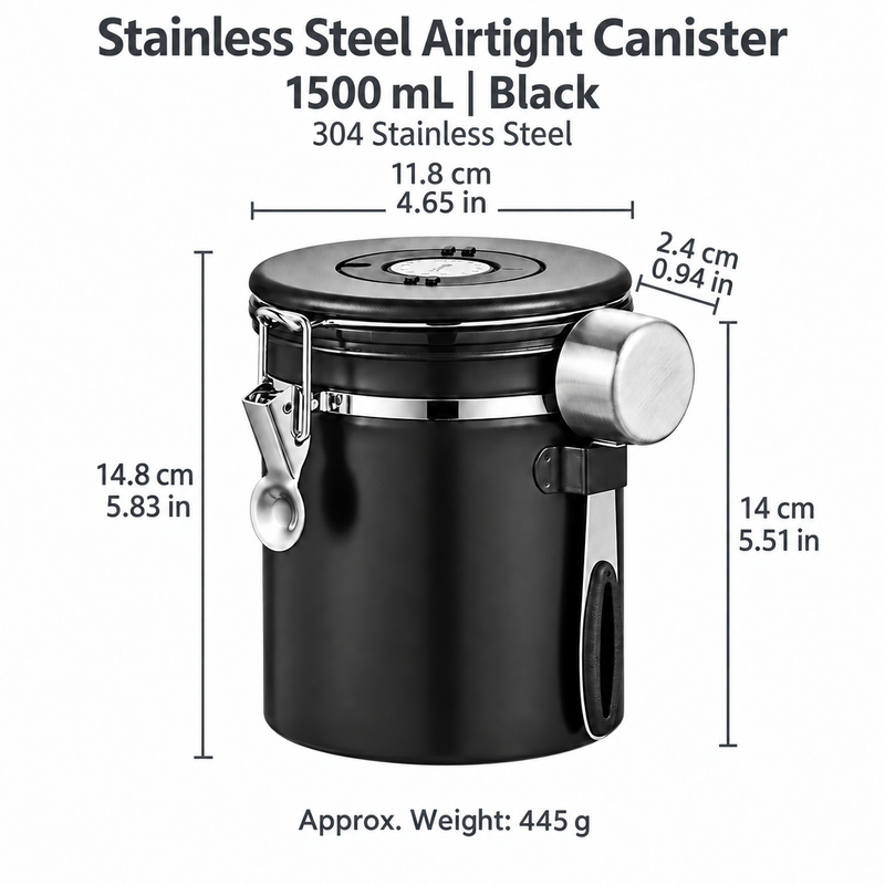 1500 mL black stainless steel airtight coffee canister dimensions in centimeters and inches