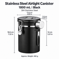 1800 mL black stainless steel airtight coffee canister dimensions in centimeters and inches
