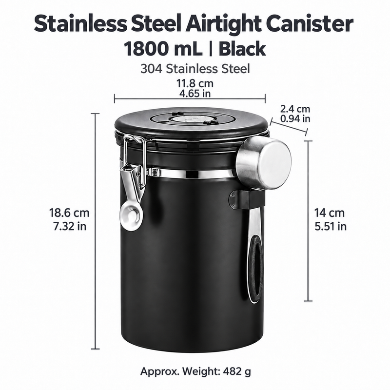 1800 mL black stainless steel airtight coffee canister dimensions in centimeters and inches