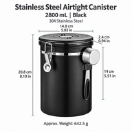 2800 mL black stainless steel airtight coffee canister dimensions in centimeters and inches