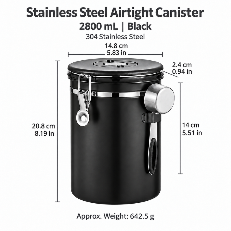 2800 mL black stainless steel airtight coffee canister dimensions in centimeters and inches