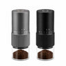 Yozcoffee automatic espresso grinder in gray and black color options with ground coffee container