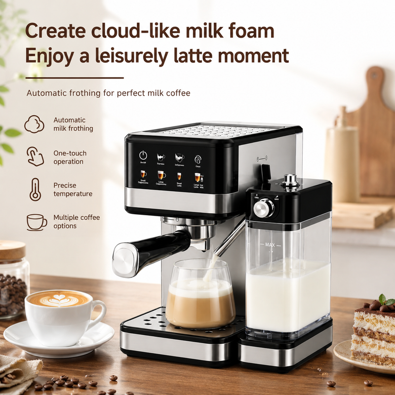 Yozcoffee automatic milk frothing espresso maker on a kitchen counter preparing a latte