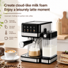 Yozcoffee automatic milk frothing espresso maker on a kitchen counter preparing a latte