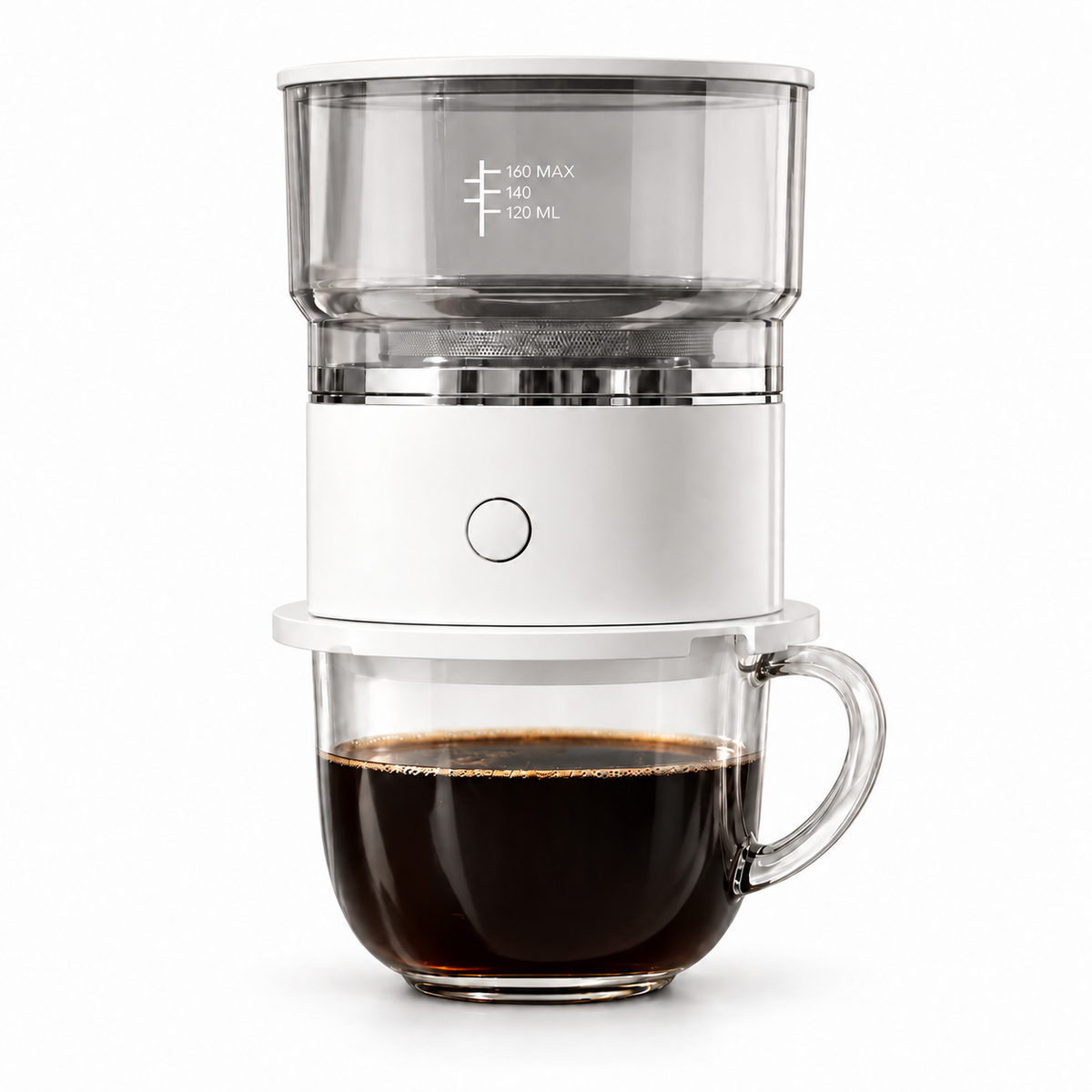 Yozcoffee automatic pour-over coffee maker with light gray transparent tank on a glass cup, white background