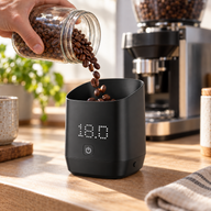 Coffee beans poured into the weighing cup on a home coffee bar