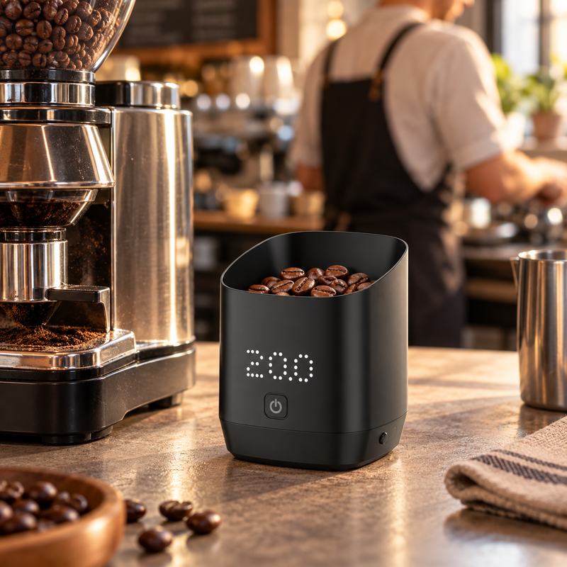 Coffee bean weighing cup beside an espresso grinder in a cafe
