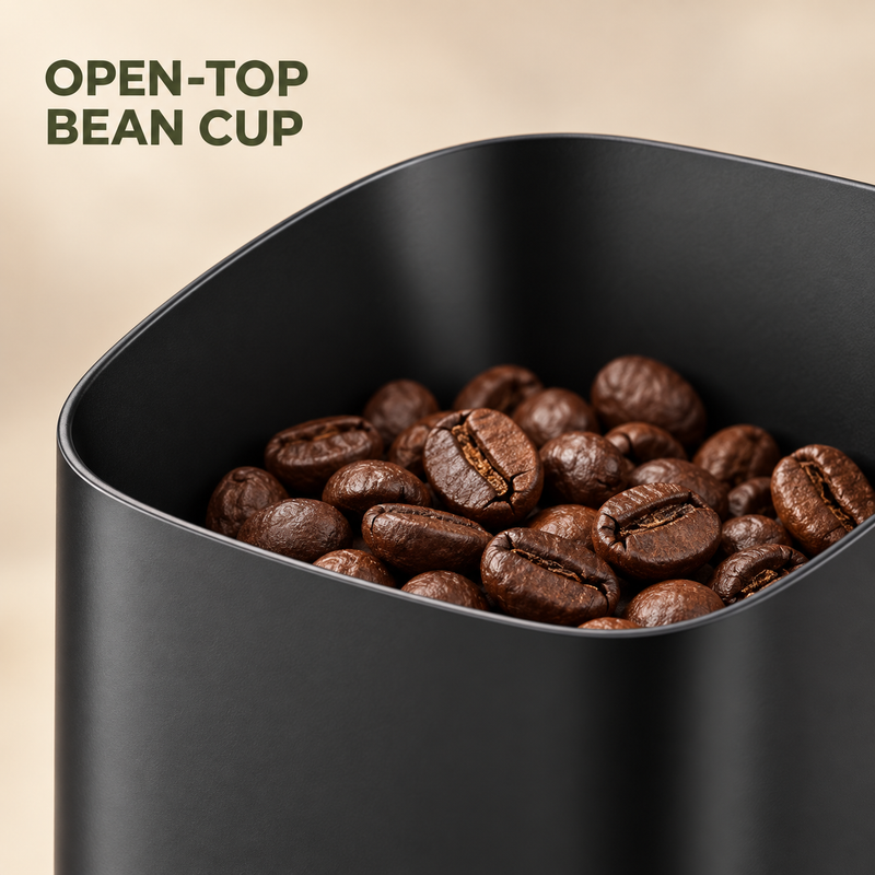 Close-up of the open rounded-square bean cup rim