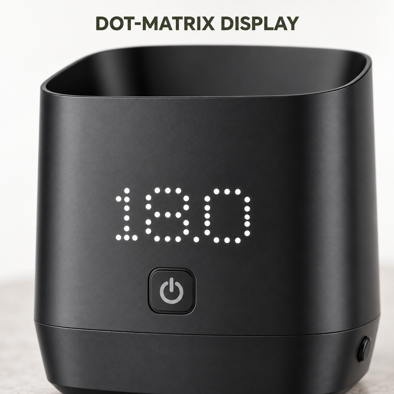 Close-up of the coffee bean scale dot-matrix display and power button